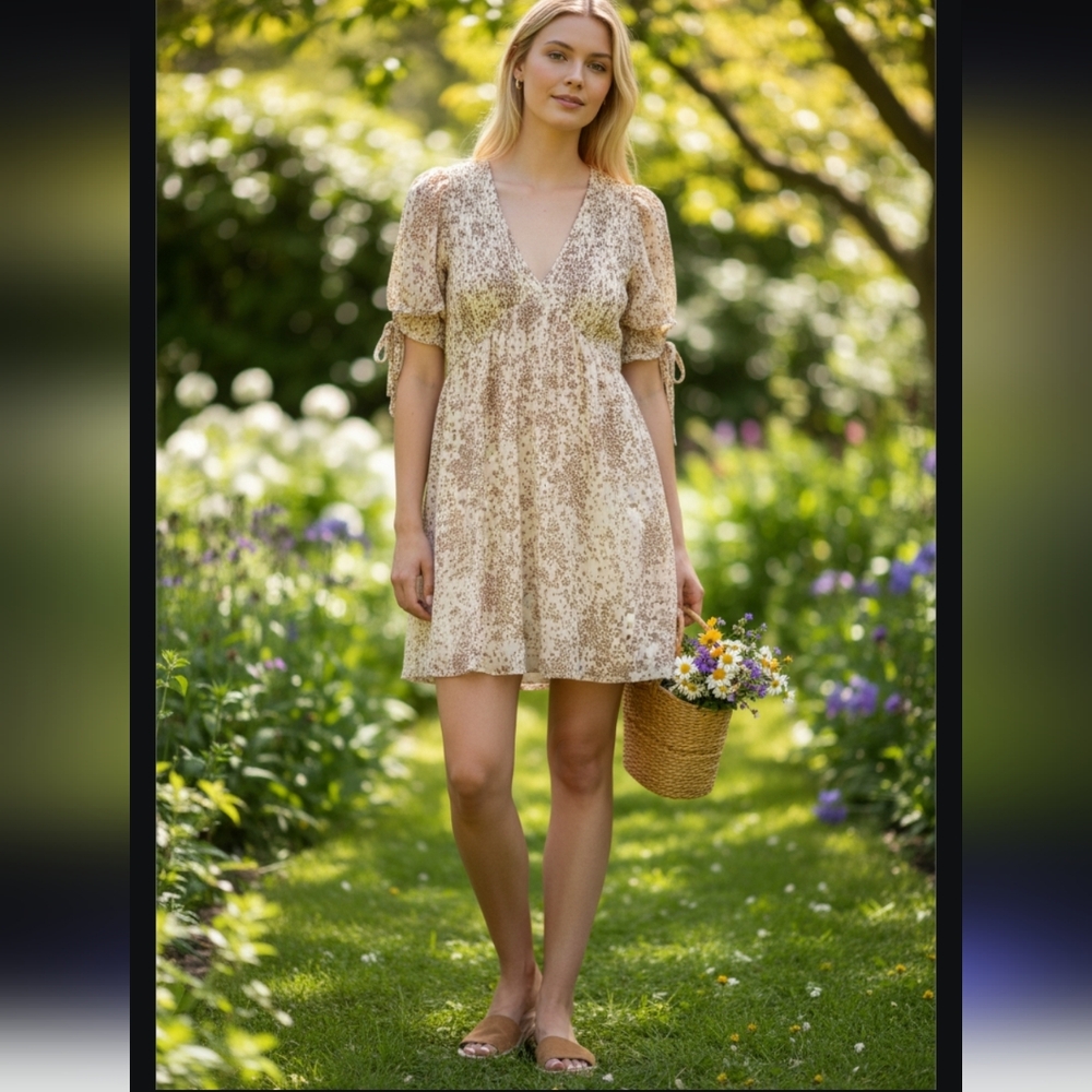 Sienna Sky Women's Beige and Brown Patterned Dress With Hints Of Glittery Gold-M